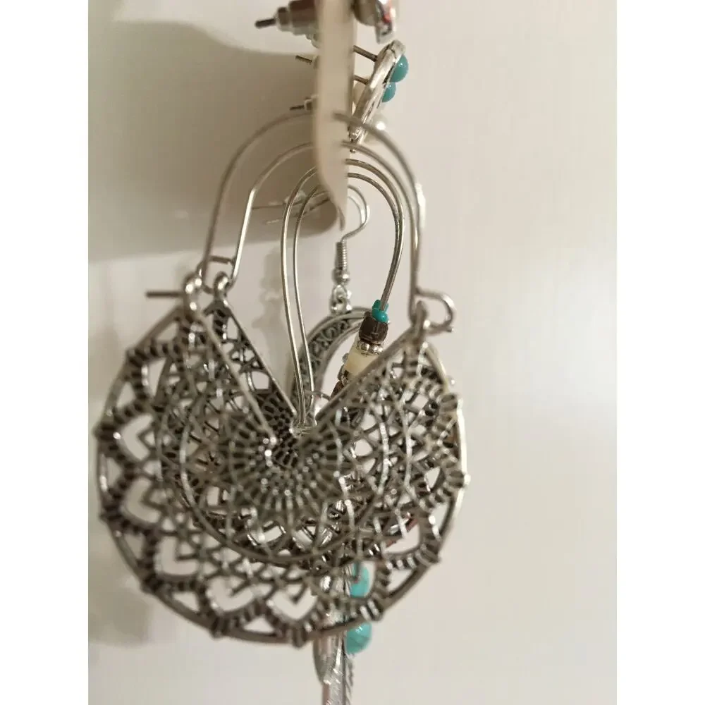 NWT Boho Drop Dangle and Stud Earrings, Feathers Turquoise, Crescent Moon